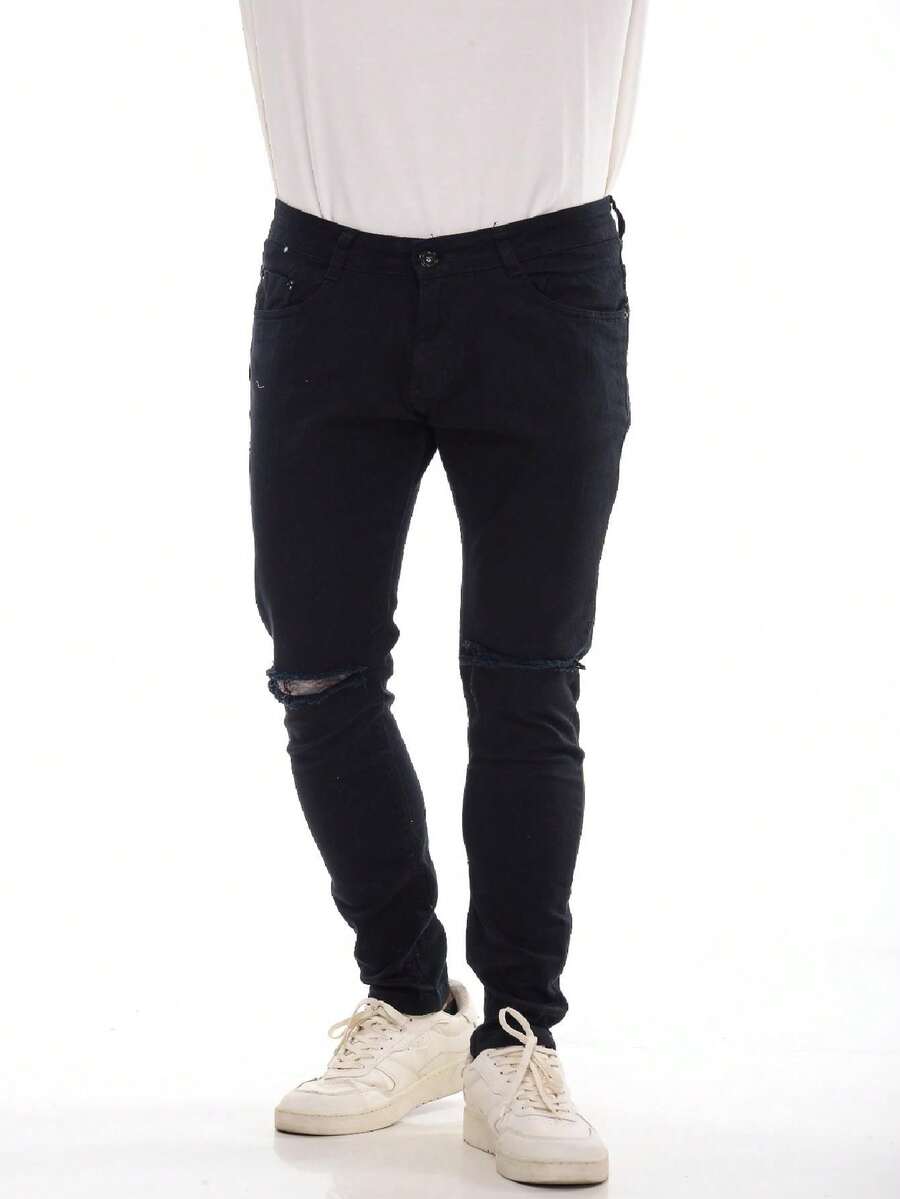 CALCA MASCULINA JEANS SLIM PRETA RASGADA (7036) - Preto - Visão 1