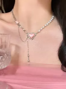 1 件 2000 年粉色荊棘愛心項鍊女式韓國時尚荊棘鏈頸鍊女式首飾 - 銀色 - 查看 1