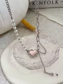 1 件 2000 年粉色荊棘愛心項鍊女式韓國時尚荊棘鏈頸鍊女式首飾 - 銀色 - 查看 5