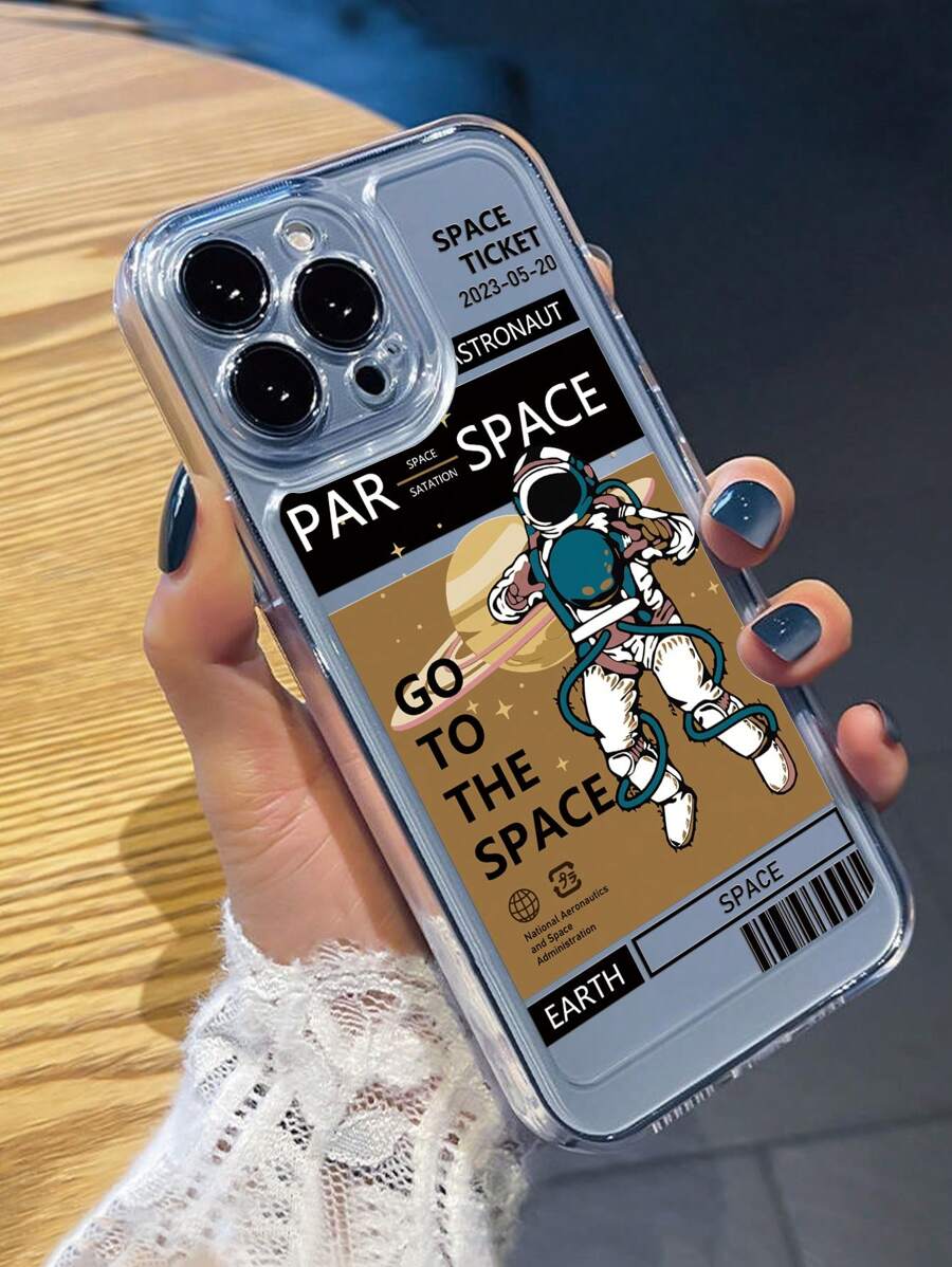 Apple Stickers 1pc Large Cutout Transparent Protective Case With Astronaut Print, Shockproof Cushioning Airbag, Full Coverage Compatible With Iphone11/12/13/14/6/6s/6plus/7/8/Se/7plus/8plus/X/Xs Max/Xr/11pro/12pro/13pro/14pro/12mini/13mini/11promax/12promax/13promax/14promax/14plus, For Both Men And Women Kawaii