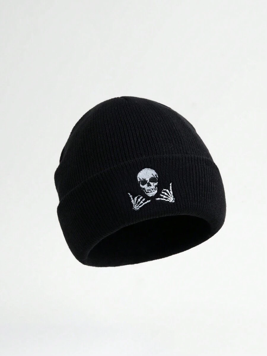 1pc Men's Skull Embroidery Knitted Hat Suitable For Daily Wear Street Halloween Skeleton - Black - View 1