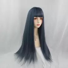 長款粉藍色合成纖維直髮假髮，附瀏海，蓬鬆自然，蘿莉塔風格，耐熱，適合日常配戴、派對與萬聖節 - 霧霾藍 - 查看 3