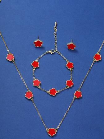 4 件/套，1 条项链 + 1 条手链 + 1 对耳环，法式优雅幸运五瓣花朵设计，金色、铜色，适合日常佩戴，返校季礼物，情人节、妈妈、母亲、母亲节、礼物