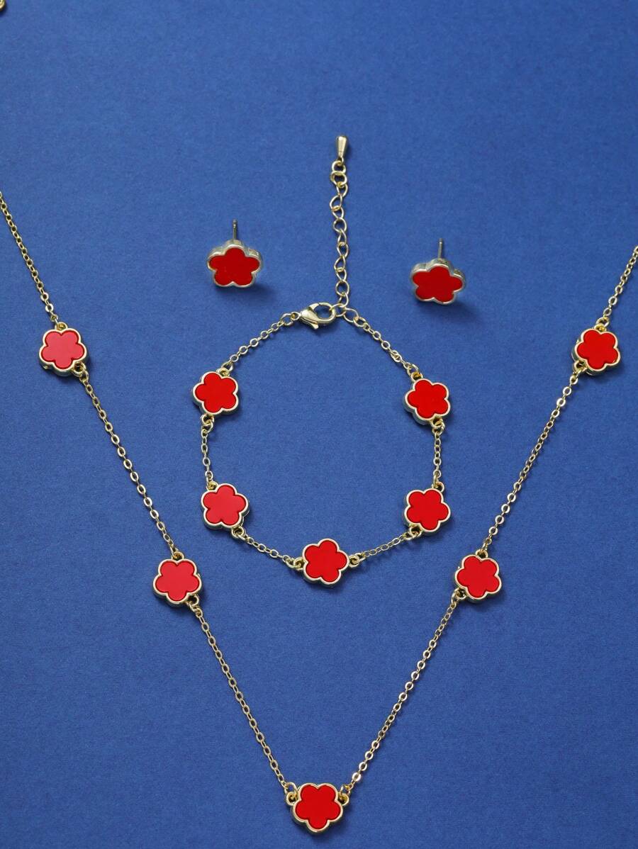 4 cái/bộ, 1 vòng cổ + 1 vòng tay + 1 đôi bông tai, thiết kế hoa 5 cánh may mắn thanh lịch của Pháp màu vàng, đồng, thích hợp để đeo hàng ngày, quà tặng mùa tựu trường cho ngày lễ tình nhân, mẹ, mẹ, ngày của mẹ, quà tặng - Đỏ - Xem 1