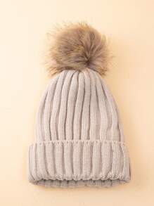 1 件純色女士毛絨球針織帽秋冬保暖出行 - 米色 - 查看 3