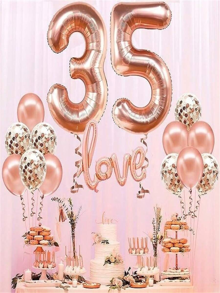 巨大玫瑰金鋁箔氣球35數字小氣球40英寸,玫瑰金40歲生日派對裝飾帶玫瑰金乳膠氣球,多彩紙屑小氣球40美麗裝飾,40日週年慶派對小氣球