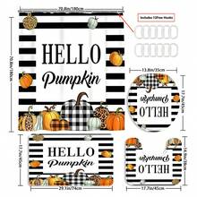 4入組70.8x70.8英寸南瓜印花淋浴簾套裝作為禮物,現代家居浴室裝飾,配有窗簾、馬桶墊和12個淋浴簾掛勾,適用於秋季 - 黑與白 - 查看 4