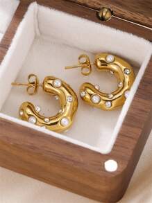 FEEL STYLE 1pair Fashionable Stainless Steel Asymmetrical Shaped Earrings With Faux Pearl Decoration For Women's Daily Wear - Gold - View 3