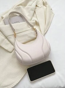 1pc Crescent-Shaped Handbag, Solid Acrylic Chain Decor, PU Material, Portable Elegant Zipper Shoulder Bag, Suitable For Girls Travel And Daily Use - White - View 4