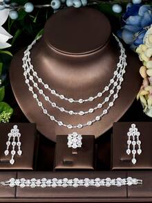 1套奢华4件套新娘锆石全套珠宝套装女士派对迪拜尼日利亚CZ水晶婚礼珠宝配饰