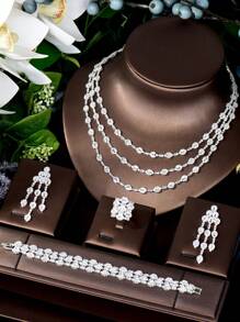 1套奢华4件套新娘锆石全套珠宝套装女士派对迪拜尼日利亚CZ水晶婚礼珠宝配饰