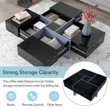 MERAX Unique Design Coffee Table With 4 Hidden Storage Compartments, Square Cocktail Table With Extendable Sliding Tabletop, UV High-Gloss Design Center Table For Living Room, 31.5"X 31.5",Wood Coffee Tables,Living Room Table - 黑色 - 查看 3