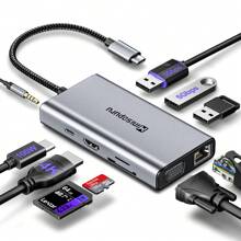 10合1 Usb-c雙螢幕基座,可與macbook/dell/hp/lenovo/surface筆記本電腦兼容,搭配4k Hdmi/vga/100w Pd/乙太網/sd/tf/type-c/音訊/usb孔的usb-c擴展器 - 灰色 - 查看 1