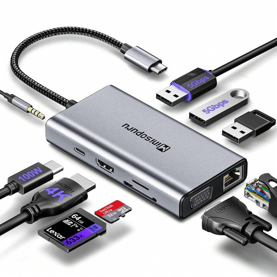 10合1 Usb-c雙螢幕基座,可與macbook/dell/hp/lenovo/surface筆記本電腦兼容,搭配4k Hdmi/vga/100w Pd/乙太網/sd/tf/type-c/音訊/usb孔的usb-c擴展器 - 灰色 - 查看 1