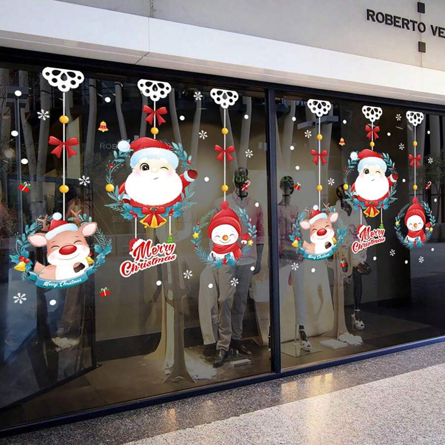 1 套圣诞老人、驯鹿和雪人橱窗装饰,适用于商店和展示,圣诞节 - 彩色 - 查看 1