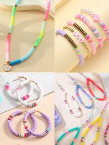 1box 13-grid Assorted Color Soft Pottery Block, Acrylic Letter Beads, Natural Shell, Lobster Clasp, Open Jump Ring, Flower Shaped Spacer Beads Set + 1pc Scissors + 1pc Elastic Cord For Diy Bracelets, Necklaces, Earrings Making