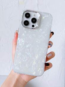 1pc White Imd Process Silver Plated Lens Ring & Button Electroplated Shiny Texture Phone Case Compatible With Iphone - Silver - View 1