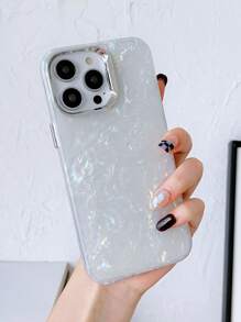 1pc White Imd Process Silver Plated Lens Ring & Button Electroplated Shiny Texture Phone Case Compatible With Iphone - Silver - View 2