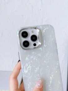 1pc White Imd Process Silver Plated Lens Ring & Button Electroplated Shiny Texture Phone Case Compatible With Iphone - Silver - View 3