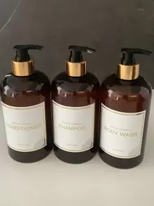 Bộ 3 bình đựng sữa tắm, dầu gội, dầu xả, sữa tắm và xà phòng trong suốt, có thể bơm lại, màu hổ phách, trang trí nhà cửa mùa thu, trang trí cho mùa tựu trường. - màu nâu - Xem 5