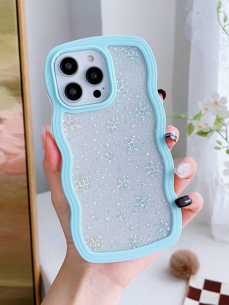 1入藍色大波浪形抗摔手機殼,帶雪花和雷射紙,適用於iPhone - 藍色 - 查看 1