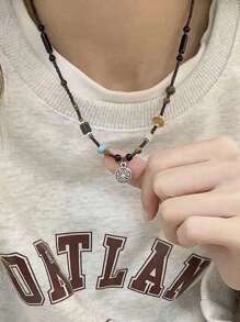 1pc Vintage Bohemian Natural Stone Handmade Beaded Lion-shaped Pendant Necklace - Black - View 2