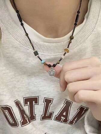 1 件復古波西米亞天然石材手工串珠獅子形吊墜項鍊