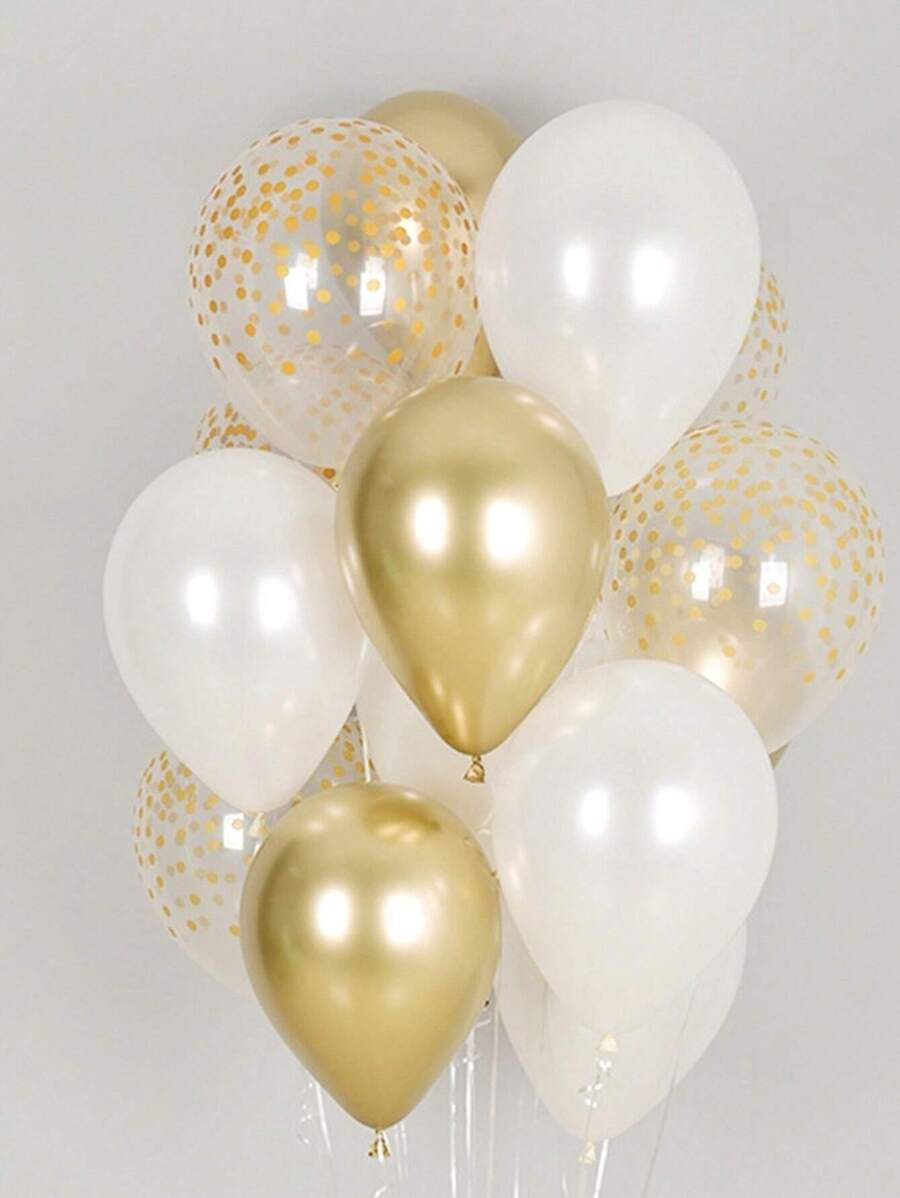 20pcs Latex Balloon Set, 12 Inch Diameter, Golden Metal Dots Design, Transparent With Gold Metallic And White Pearlescent Finish, For Wedding Birthday Party Decorations - Multicolor - View 1