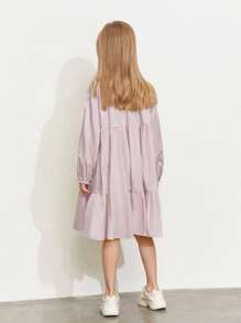 幼兒女童寬鬆長袖襯衫連衣裙,設計別緻,秋季系列 - 紫色 - 查看 3