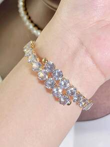 SEQUITO 1pc Fashion Classic 6mm Round Cut CZ Crystal Brazilian Yellow Gold Plated Sparkling Women Adjustable Bangle For Prom Dress Jewelry Accessories - Adjustable - View 4