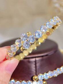SEQUITO 1pc Fashion Classic 6mm Round Cut CZ Crystal Brazilian Yellow Gold Plated Sparkling Women Adjustable Bangle For Prom Dress Jewelry Accessories - Adjustable - View 5