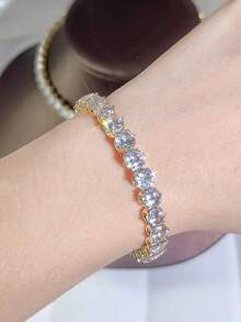 SEQUITO 1pc Fashion Classic 6mm Round Cut CZ Crystal Brazilian Yellow Gold Plated Sparkling Women Adjustable Bangle For Prom Dress Jewelry Accessories - Adjustable - View 11