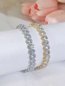 SEQUITO 1pc Fashion Classic 6mm Round Cut CZ Crystal Brazilian Yellow Gold Plated Sparkling Women Adjustable Bangle For Prom Dress Jewelry Accessories - Adjustable - View 2