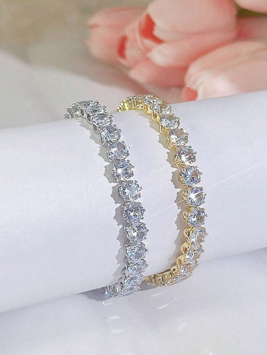 SEQUITO 1pc Fashion Classic 6mm Round Cut CZ Crystal Brazilian Yellow Gold Plated Sparkling Women Adjustable Bangle For Prom Dress Jewelry Accessories