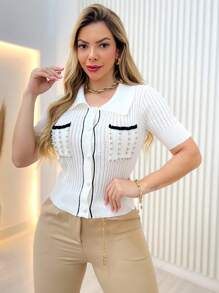 Blusa Feminina Com Pedras Brilhantes E Perola - Branco - Visão 3
