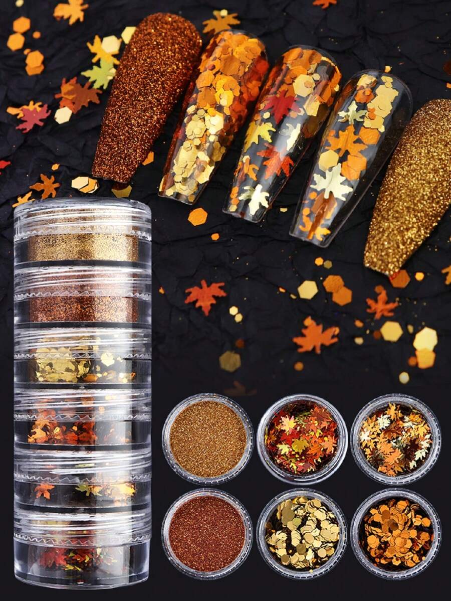 6片Y2K复古金属色美甲亮片，秋季枫叶美甲亮片装饰 - 彩色 - 查看 1