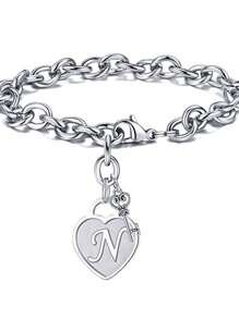 1pc Fashionable Heart Shaped Key & 26 English Letters Charm Bracelet, Chain Type