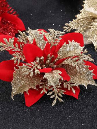 5st imitation juldekoration blomma med glittrande röd julstjärna blomma för julgran, krans, festival fest dekoration tillbehör, jul