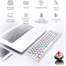 Wireless Gaming Keyboard Mechanical Blue LED Backlit Bluetooth 5.0/Wireless 2.4G/Wired 84 Keys Mini Keyboard With Rechargeable 3000mAh Battery Brown Switches Type-C USB Receiver For Windows Gaming PC - White Red - View 9