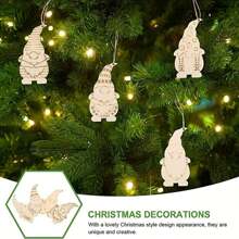 8个未完成的木刻精灵造型圣诞装饰吊坠，含绳子，DIY工艺品，圣诞装饰品，家居圣诞礼物，圣诞装饰 - 黃色 - 查看 8