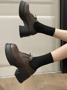 2025 新款棕色高跟厚底英式校服风格皮革乐福鞋，圆头玛丽珍鞋，百搭 - 棕色 - 查看 2