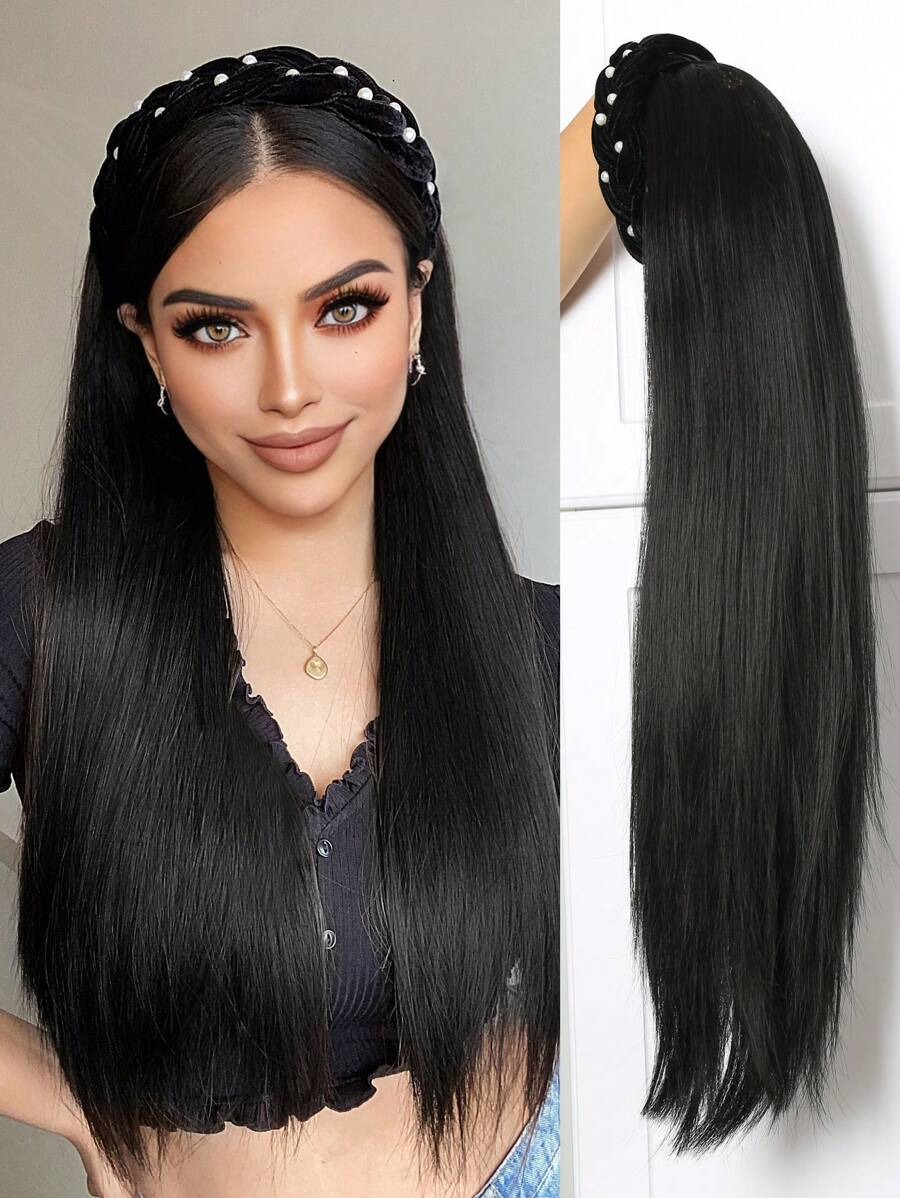 26英寸長直發束可拆卸頭帶假髮棕色合成毛鬆直頭套半假髮