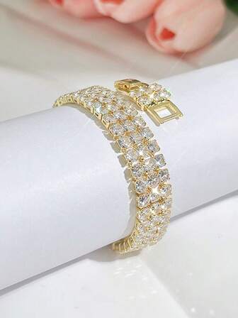 SEQUITO 1 pieza Joyería nupcial de lujo de Dubai, chapada en oro blanco y amarillo, con pavé de 3 filas de circonita cúbica redonda de 4 mm, brazalete ancho grande para fiesta de boda para mujeres
