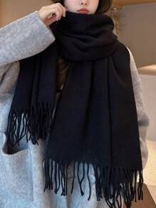 Bufanda De Lana Color Café Para Mujer, Suave Y Cálida, Estilo Simple Con Sentido De Diseño Único, Para Primavera Y Otoño, 1 Ud. - Negro - Ver 4