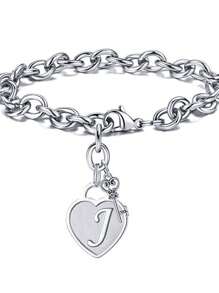 1pc Fashionable Heart Shaped Key & 26 English Letters Charm Bracelet, Chain Type
