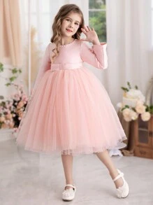 年輕的女孩公主飛擺裙,適合嬰兒生日派對、舞蹈表演、婚禮、花朵裝、鋼琴演奏、女主持裝和日常穿著 - 粉色 - 查看 2