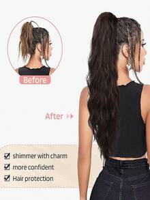 馬尾辮擴展,26英寸拉繩馬尾髮延長件,長卷曲波浪馬尾,自然波浪合成頭髮片,適用於女性日常使用聚會 - Dark Brown - 查看 5