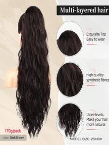 馬尾辮擴展,26英寸拉繩馬尾髮延長件,長卷曲波浪馬尾,自然波浪合成頭髮片,適用於女性日常使用聚會 - Dark Brown - 查看 2