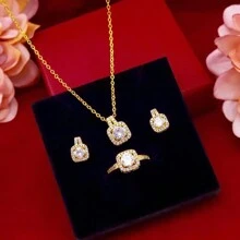 Square Cubic Zirconia Pendant Jewelry Set With 1 Necklace, 1 Pair Of Earrings, 1 Ring