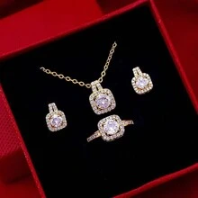Square Cubic Zirconia Pendant Jewelry Set With 1 Necklace, 1 Pair Of Earrings, 1 Ring